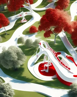 Vista aérea completa Parque infantil juegos columpios estilo Zaha Hadid obra de arte digital detallada color blanco crema y rojo imperial impactante árboles niños personas foto realista arte Bauhoaus iluminación cinematografica 4k