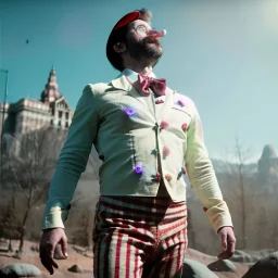 Ultra realistic circus scene. dancer man, waist up view, Wes Anderson style, happy, bubbles, butterflys, dark ambient, highly detailed, concept art, unreal engine 5, god rays, ray tracing, RTX, lumen lighting, ultra detail, volumetric lighting, 3d, finely drawn, high definition, high resolution.