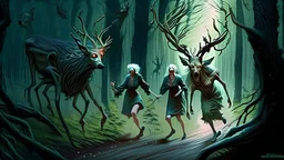 lovecraftian styled resurrected unhappy single deer chasing the older drunk lady through the forest while the survivors in his deer family watches with relief