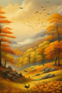 un paisaje donde se ve una tarde otoñal, con muchos colores anaranjados y amarillos, en un clima totalmente nublado y frio, con varios arboles grandes, pájaros en su nidos, en un lugar montañoso.