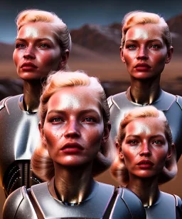 Ultra Realistic retro sci-fi movie scene, 1960 year, waist up view portrait, 3 clones blonde women, sweet young Kate moss face, perfect iris, glow eyes, face makeup. Mars and martians background, Retro sci-fi style, helmet, tight latex coat, fog, rain, soft color, highly detailed, unreal engine 5, ray tracing, RTX, lumen lighting, ultra detail, volumetric lighting, 3d, finely drawn, high definition, high resolution.