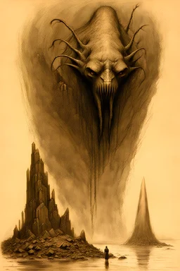 a giant abyssal creature like humanoid fishdevil grabs a monolith, charcoal sketchdrawing by Beksinski