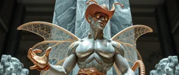 coy insect cowboy brilliant detailed full figure portrait disco glittery fluffy muscle man dino anime in the style of Escher and Giger in front of dented marble tower of transparent glass statues