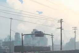 Smokey cyberpunk cityscape, dystopian