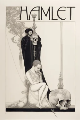 A shadowed hand holds a highly detailed, hand drawn skull, anatomically correct, with a crown hovering above, representation of Hamlet by John Austen, in the Aubrey Beardsley style, inspired by the gothic, macabre and fantastical, highly aesthetic, art nouveau design with striking black-and-white illustrations with hints of Red, Beardsleyesque, high quality, modern classical art, Hamlet Skull