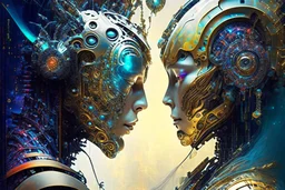 Artificial Intelligence AI Photo dynamic composition of two characters, yin and yang, composition, interaction 2 humans and artificial intelligence, coding, cipher, high-tech, technology, code & machine, robot and human, leadership, code, sci-fi background, Breathtaking Fantasy core Artwork By Android Jones, Jean Baptiste Monge, Alberto Seveso, Erin Hanson, Jeremy Mann. Intricate Photography, A Masterpiece, 8k Resolution Artstation, Unreal Engine 5, Cgsociety, Octane Photograph