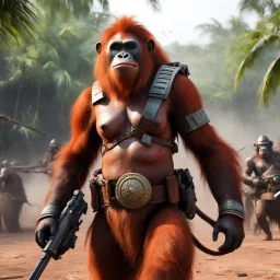 the Orangutang Queen smiles, ready to fight, in dust, rust and blood, her body is covered with cartridge belts