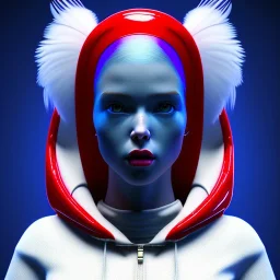 British woman, rounded face, bubble gum, x, blue, white, red, hoodie, feathers, retro, latex, leather, soft color, highly detailed, art stations, concept art, smooth, unreal engine 5, god rays, ray tracing, RTX, lumen lighting, ultra detail, volumetric lighting, 3d, finely drawn, high definition, high resolution, neon background.