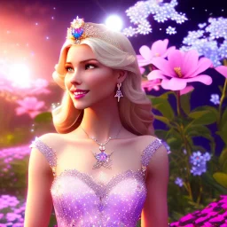 Princess, woman blondie, smile, beautiful place,amazing, flowers, colors, blue and pink butterfly, , realistic, photo real, stars night, detailed, high contrast, 8k high definition, unreal engine 5, extremely sharp detail, light effect, light background