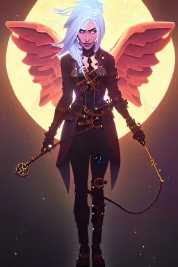 starry night, blonde steampunk angel holding staff, majestic