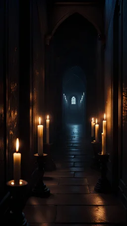 A dark corridor of a gloomy sanctuary, on the sides of which there are many candles, slightly illuminating the corridor itself, in the distance a mysterious entrance to the room can be seen