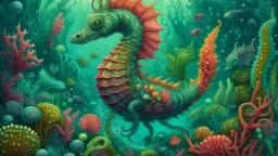 The image features a sea horse surrounded by vibrant coral reefs and various sea creatures in an intricate illustration style. The sea horse is detailed with delicate patterns and intricate textures, blending seamlessly with the underwater environment. The background is filled with colorful coral formations, swaying seaweed, and schools of fish, creating a lively and dynamic scene. The lighting is dappled and ethereal, filtering through the water to illuminate the scene with a soft, dreamy quali