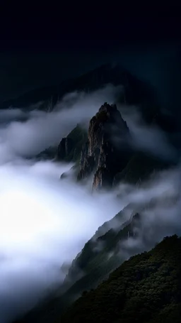 surrounded by clouds, the mountain cliff face climbs up and disappears into the mist. the fog settles over the valley and off to the sides, creating a sense of height and mystery