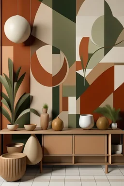 Create handpainted wall mural inspired by Cubist still life, showcasing everyday objects in geometric forms. Use warm earthy tones such as terracotta, sage green, and sandy beige for a cozy and inviting atmosphere.