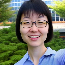 A short haired, bespectacled Japanese female software engineer taking a selfie in front of Building 92 at Microsoft in Redmond, Washington