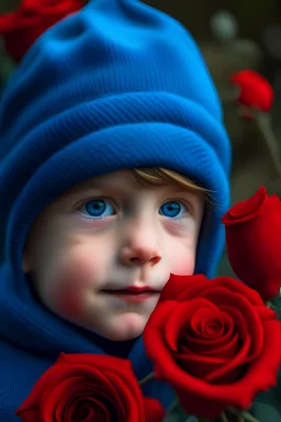 A little boy with blue eyes covered in red roses and wearing a blue wool hat, beautiful natural colors