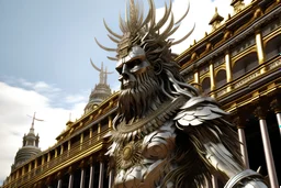 3D Render of , High Detailed, ; a deity covered by long metallic fringes straps; moving rapdly-blurried; BACKGROUD: 1600 city; colonial architecture; barroco churches