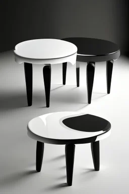 Retrato de tres mesas auxiliares con una sola pata al centro y cubierta ovalada, una en color negro y dos en color blanco estilo contemporáneo