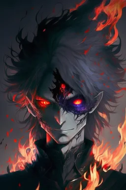 Anime with wight hair and black clothes and power fire and eyes of sharengan and cool face and blood in face