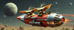 hairy macho gremlin aliens living in a hi tech marvellous hot dog rocket with a mounted sling shot, heading for venus