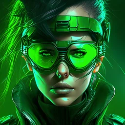 portrait of a woman cyberpunk green helmet glasses