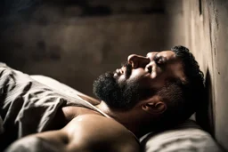 half figure shot photography of a sweat dirty marocan prisoner in cell sleeping lying down on a bed , manly chest, shirtless, muscular strong chubby 34 years old, low lights, ajar mouth, long beard, misery and poverty, dim light enters from a skylight above, lights from above, photorealistic, ambient occlusion, aerial view