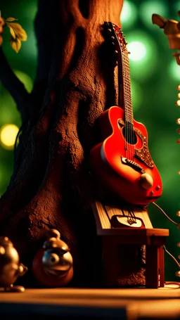 portrait of hairy rock guitar ninja tomato living inside a tree house in a hollow huge tree growing light bulbs, singing into ornate studio mic,bokeh like f/0.8, tilt-shift lens 8k, high detail, smooth render, down-light, unreal engine, prize winning