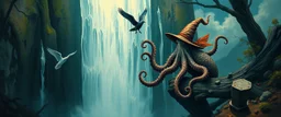 octopus bird witch bear by waterfall looks beyond really powerful, fantasy illustration, in the style of Rembrandt and Escher