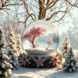 beautiful winter splendor, intricately decorated, in the middle there is a large transparent ice ball and inside the ball there is a beautiful, majestic spring panorama