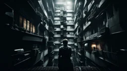 Hogyan is érthetné a második emeleti lakó a földszinten élő nyomorúságát? high contrast, detailed, thriller, deep dark colors, gloomy, cinematic
