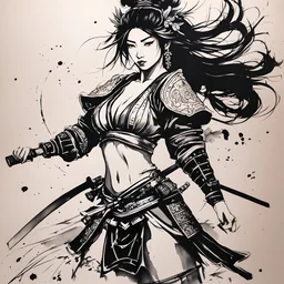 Full"female samurai dancer body line , illustrate alchohol ink on wet paper."maybe add some neon smoky, looks feeling mistress, and there are some lions, tigers around her