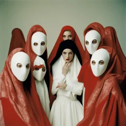 no face A fashion photography of a group wearing traditional Middle Eastern , no face in a white studio with a red scarf around the head and a long skirt, posing for Vogue magazine in the style of James Bidgood photographed in the style of Tim Walker. --ar 101:128 --v 6. 0