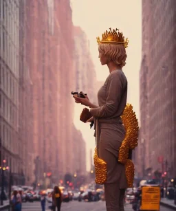 Statue of Queen of photography. Cute blonde woman. Photographer in golden crown. Standing on the street. Big camera in her hand. hyperdetailed, photorealistic, trending on artstation, greg rutkowski, beksinski, kodachrome, lomography, golden hour, bokeh, volumetric light