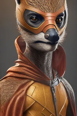 Superhero, Meerkatman, man, human bouth, male head, amor, meerkat mask, hyper realistic, intricately detailed, novelty, full body, cinematic, 4k