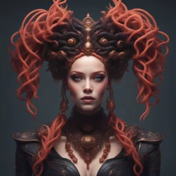 a beautiful woman with coral hair, amazing hair style. Braids. Deep shadows. By Dreamer. inspired by Hedi Xandt, perfect makeup, intricate ornate style, perfect android girl. elite. dangerous. ornate ︎, doll face, pretty symmetrical face, a stunning portrait of a goddess. Centered. Open eyes, by Tokaito