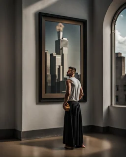 A man with his back to us looking out the big window and feeling depressed