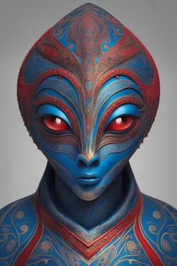 An image of an alien in blue-skinned creature with a unique and intricate design on its head. It has a large head with a prominent forehead, and its red eyes are wide open, giving it a captivating appearance. The alien's head is adorned with a decorative design, which adds to its distinctive and otherworldly look. The overall appearance of the alien suggests that it might be a character from a science fiction or fantasy story.