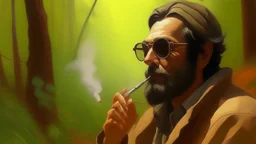 takistan life, scene oil painting. dr arab cover 1970, closeup dnd style. sunglasses. woods mist. smoking weed.