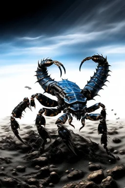 Black emperor Scorpio emblem on a burning landscape background With its Tail curled up behind his back ready to strike and from claws grasping under a storming sky with blue lightening striking around it