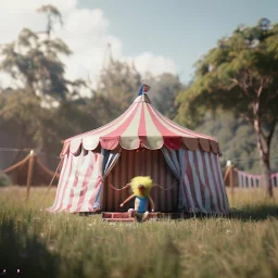 Ultra realistic circus scene. Sweet hair monster jumping and Child’s, smooth color, waist up view, Wes Anderson style, dark ambient, highly detailed, concept art, unreal engine 5, god rays, ray tracing, RTX, lumen lighting, ultra detail, volumetric lighting, 3d, finely drawn, high definition, high resolution.