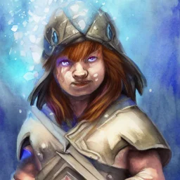 dnd, fantasy, watercolour, ilustration, halfling, artstation, realistic, ranger, leather armour, ice chunks, infused with elemental powers of water, portrait, face, glowing blue eyes, angry, vicious