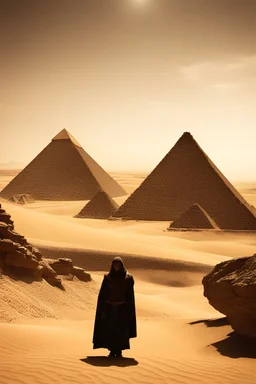 Photo désert, pyramides en fond , dark fantasy, au loin des momies