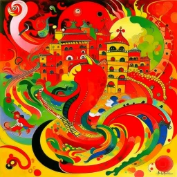 A red palace with pepper dragons painted by Wassily Kandinsky