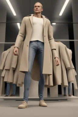 mannequins wearing Superman's design coat vest and jeans, beige tones, unreal engine, dutch angle view, minimalist, fashion plates –ar 3:5 –q 2