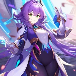 Clear focus,High resolution,High quality, Smiling, Purple long fluffy hair, Green eyes, Wearing a pink mech uniform, Honkai Impact Star Rail