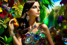 brunette woman in coloured glass gress set with gemstones, glittering metal stems and gemstone leaves in a flowergarden sharp focus elegant extremely detailed intricate very attractive beautiful dynamic lighting fantastic view crisp quality exquisite detail in the sunshine gems and jewels