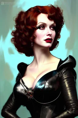 painting of christina hendricks as evil queen in black leather, feminie, angry, volouptous, busty, cleavage, emperious, mature, highly detailed, digital painting, artstation, concept art, smooth, sharp focus, illustration, art by gaston bussiere and alphonse mucha