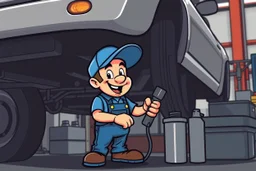 retro cartoon mascot of a vehicle mechanic, under a vehicle doing an oil change