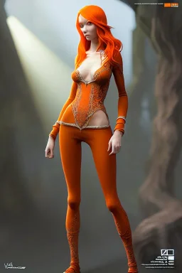 painting of a tall elven young woman with short light orange hair and freckles on the cheak bones and tall body of a topmodel light clothes, long shot, ultra realistic, concept art, intricate details, eerie, highly detailed, photorealistic, octane render, 8 k, unreal engine. art by artgerm and greg rutkowski and charlie bowater and magali villeneuve and alphonse mucha