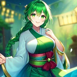 girl, masterpiece, best quality, volumetric lighting, detailed outfit, perfect eyes, green hair, green eyes, obi, braided ponytail, smile,